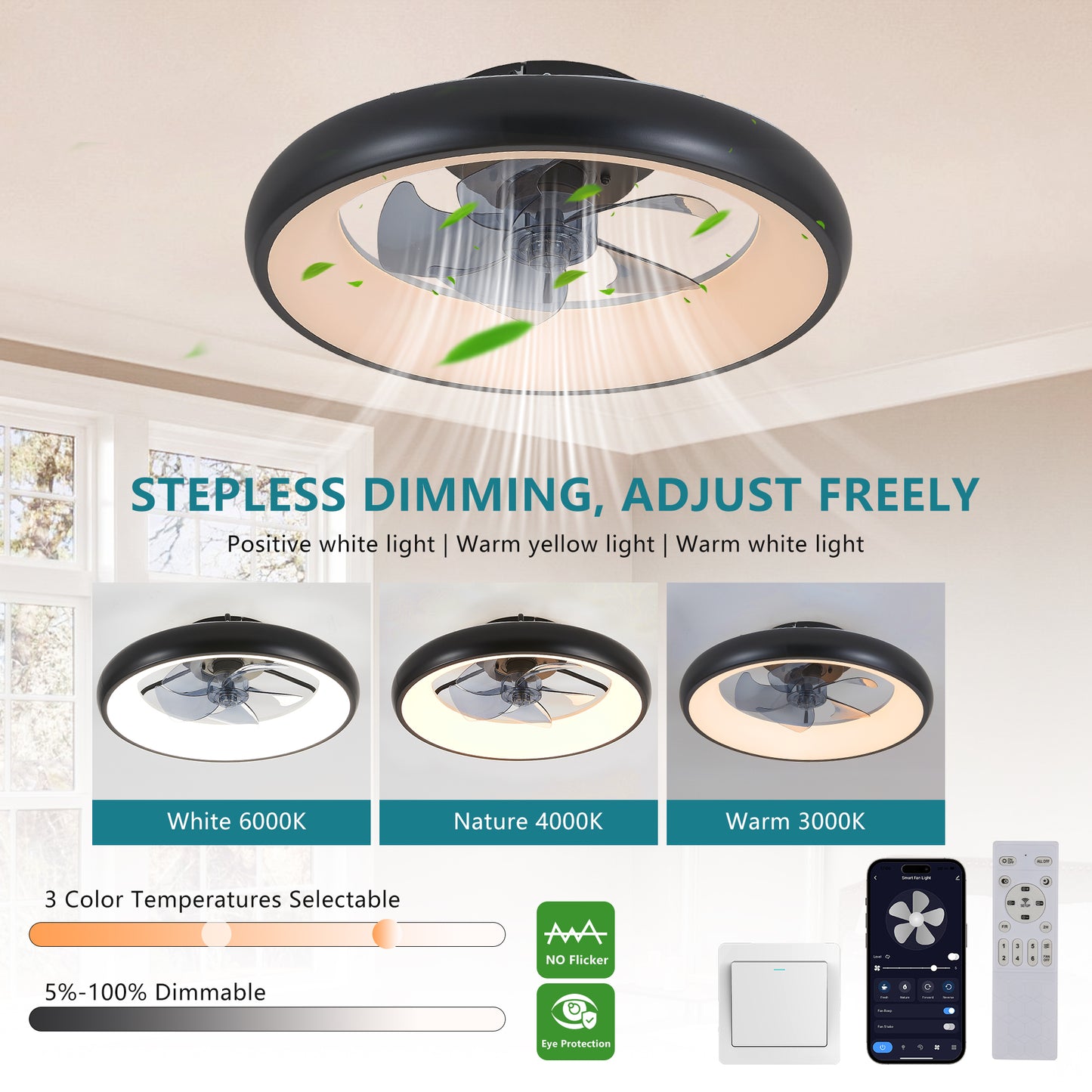 Black LED Ceiling Fan Light with Remote Control - Dimmable, 6-Speed