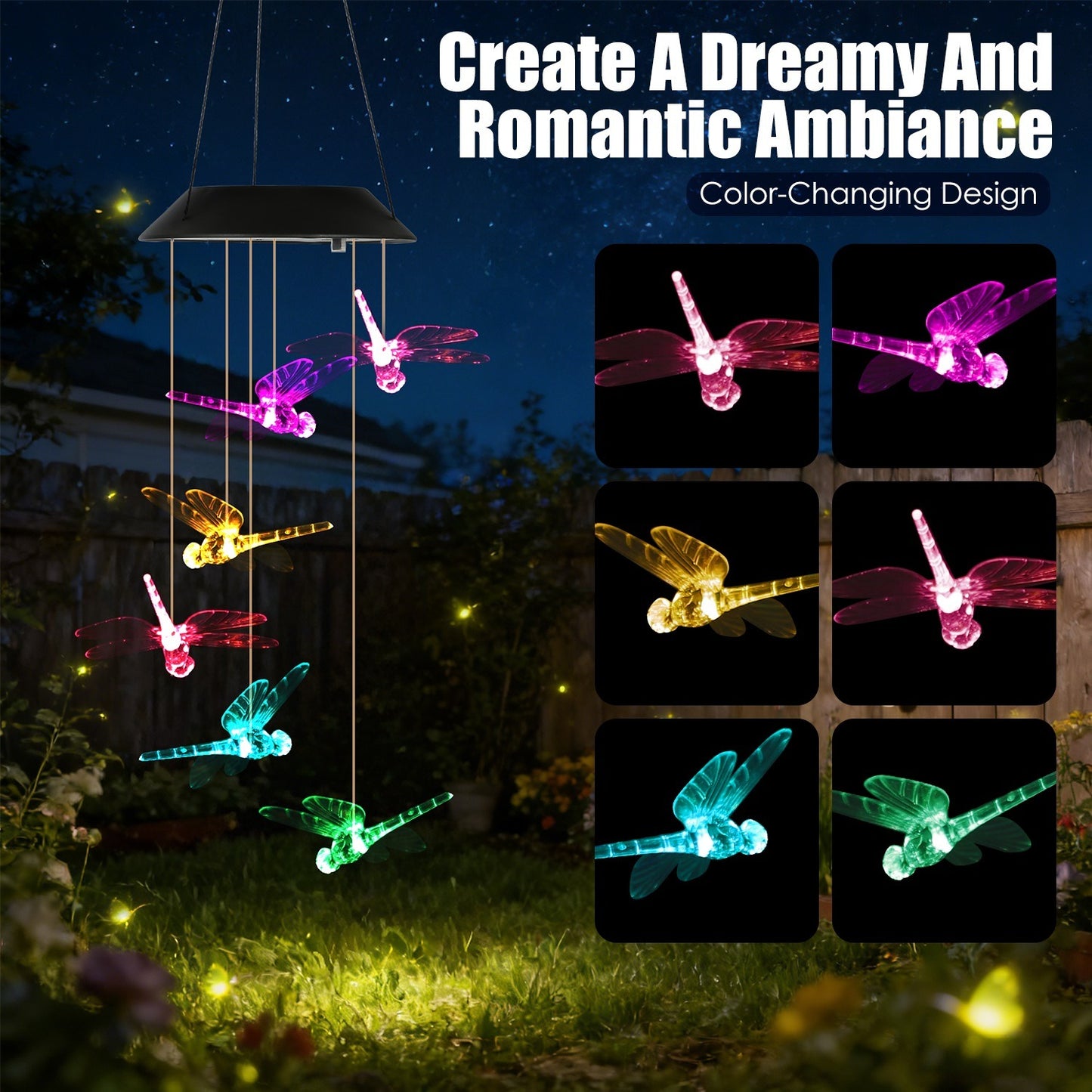 Solar Wind Chimes - 2 Pack Color Changing LED Dragonfly Lights