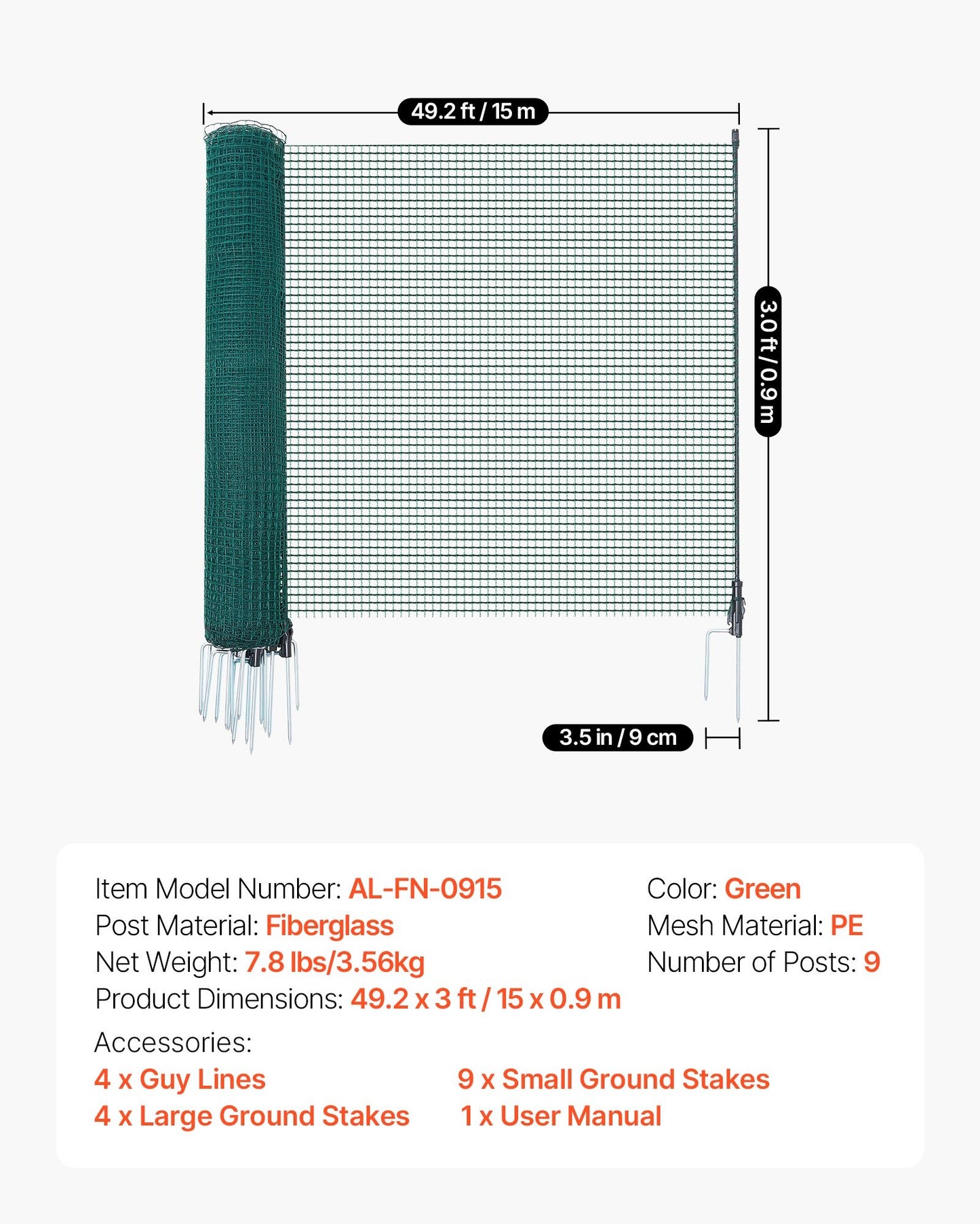Black Temporary Garden Fence 3x49.2 ft Mesh Netting with Stakes & Ropes