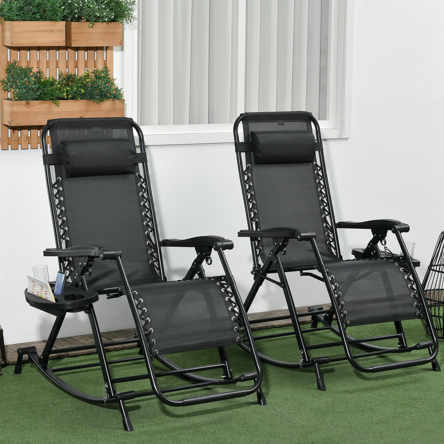 Set of 2 Foldable Zero Gravity Rocking Lounge Chairs with Cup Holders - Black