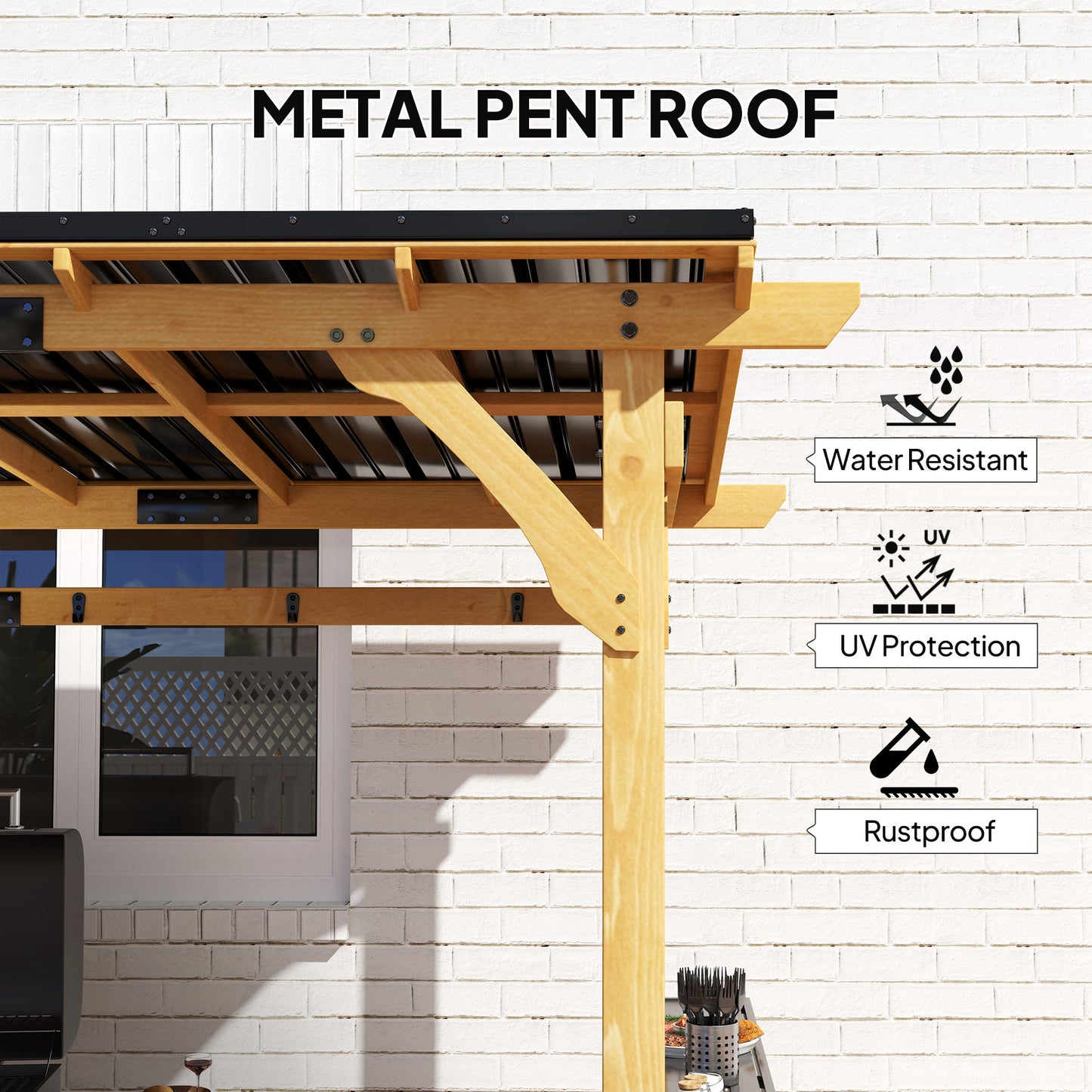 Outdoor Grill Gazebo with Metal Roof and Bar Shelves - Natural Wood