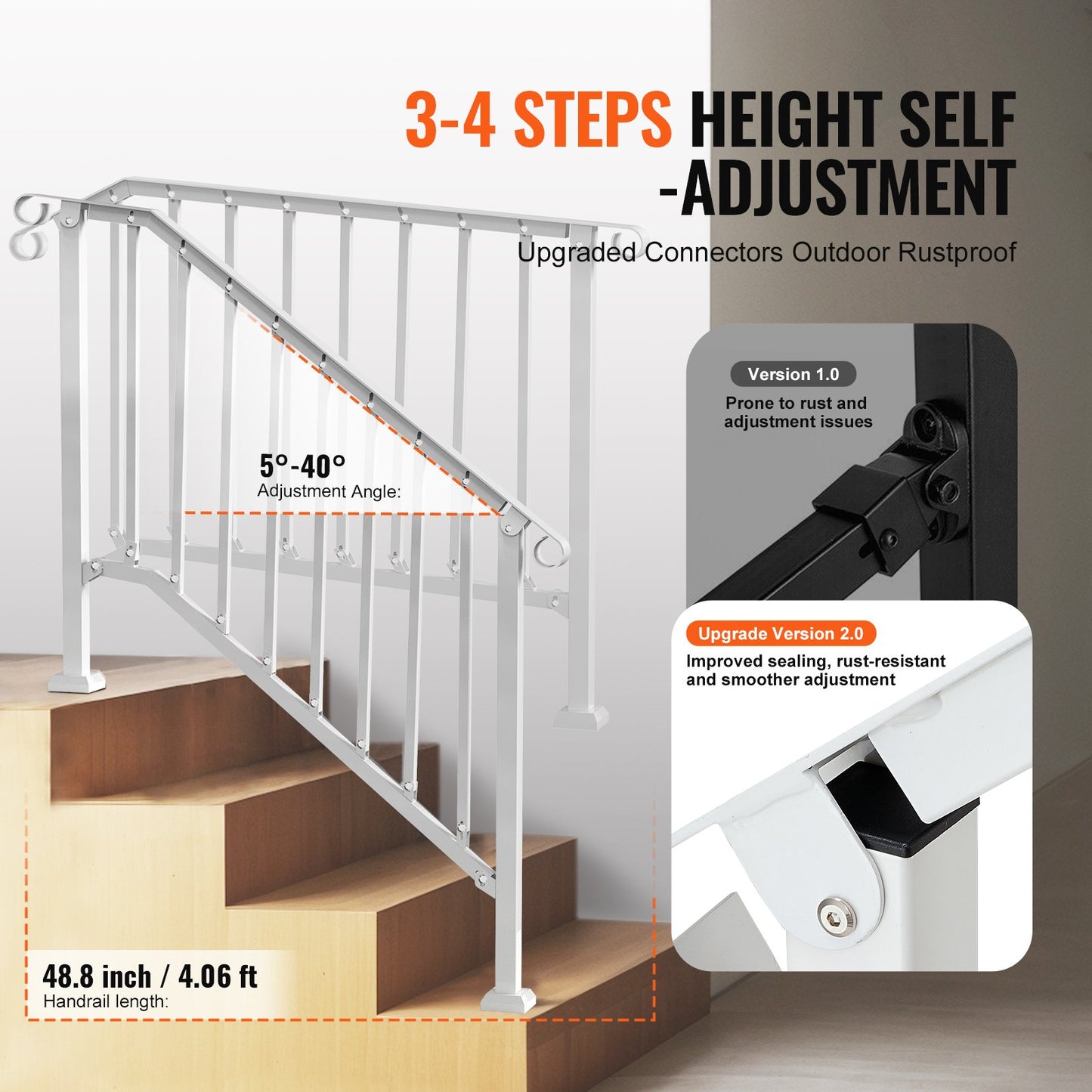 Outdoor Handrail for Porch and Deck Safety - White, 3-4 Step
