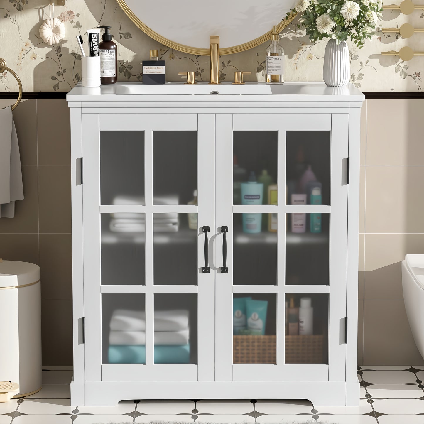 30" Modern Bathroom Vanity with Ceramic Sink & Storage - White