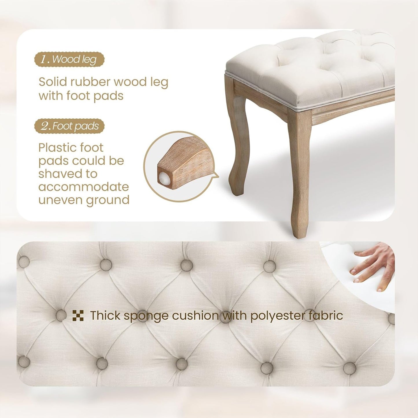 French Vintage Tufted Upholstered Bedroom Bench - Beige