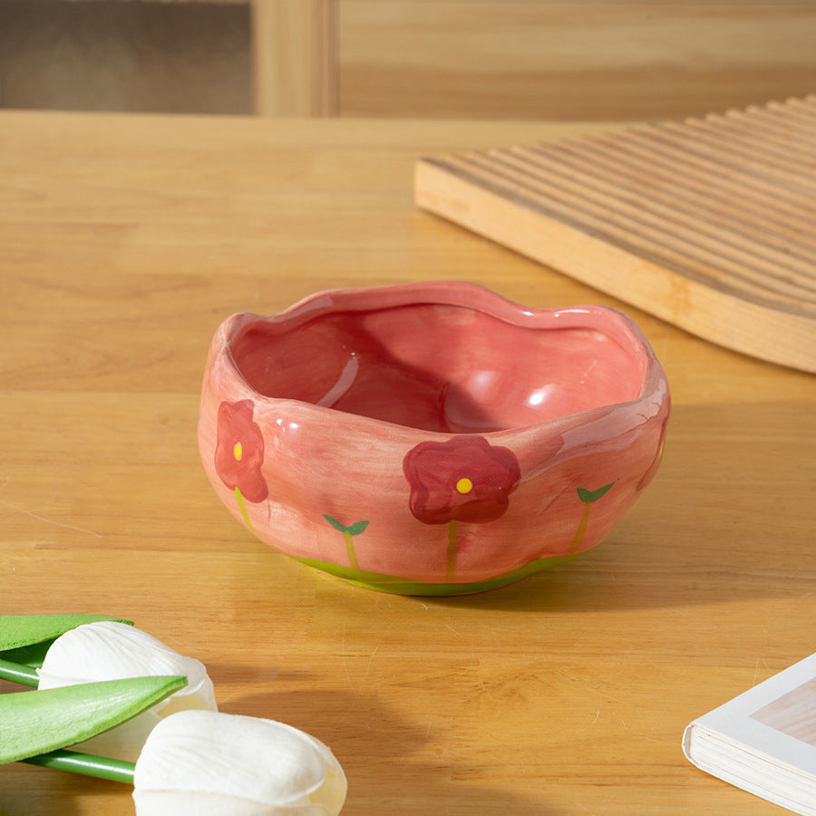 Hand Drawn Flower Ceramic Bowl - Irregular Pattern, 13cm Dinnerware