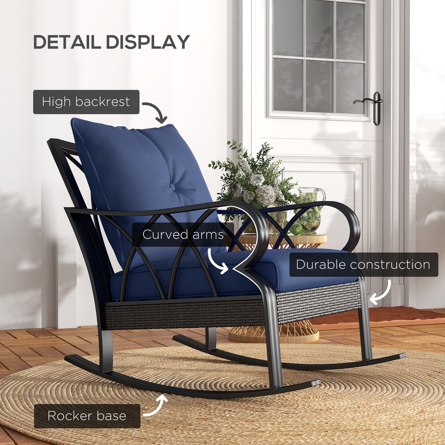2 Piece Outdoor Rattan Rocking Chair Set with Cushions - Blue
