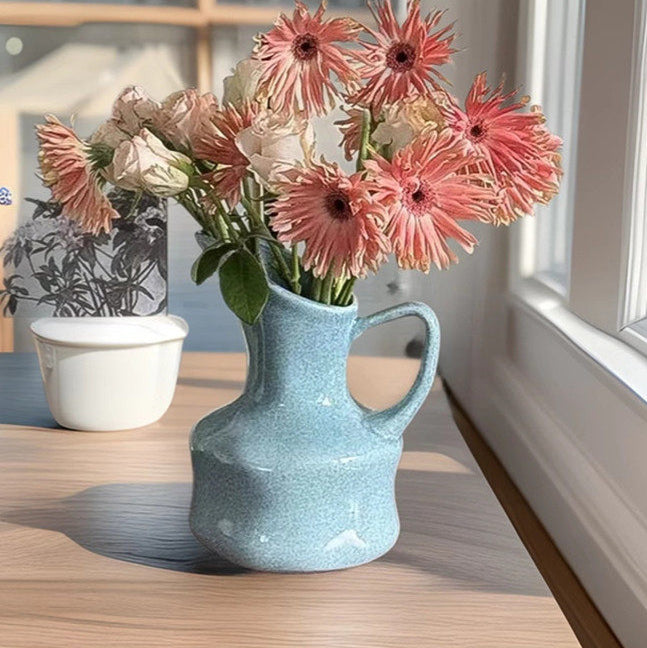 Blue Ceramic Handheld Vase for Living Room Decor 16.5x20cm