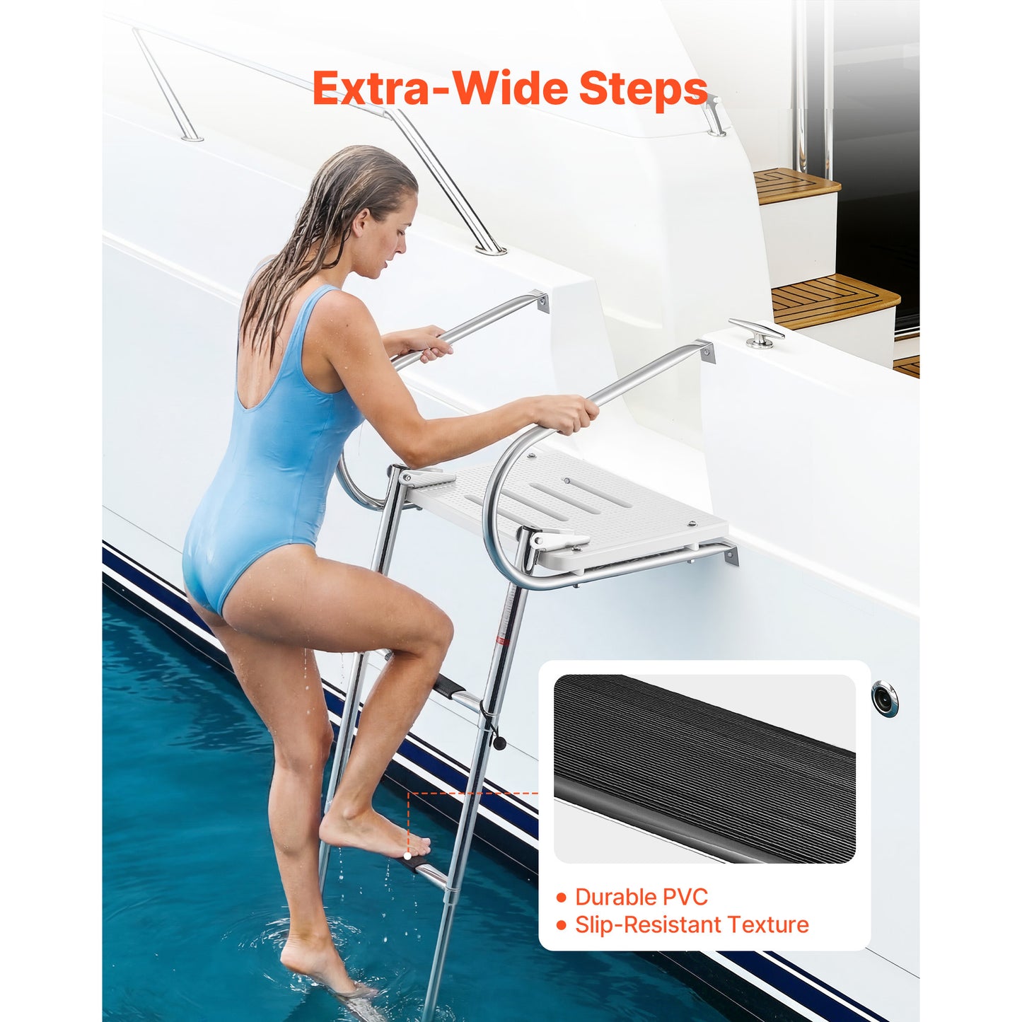 Stainless Steel Telescoping Boat Ladder with 3 Wide Anti-Slip Steps & Handrails - 400 Lbs Capacity