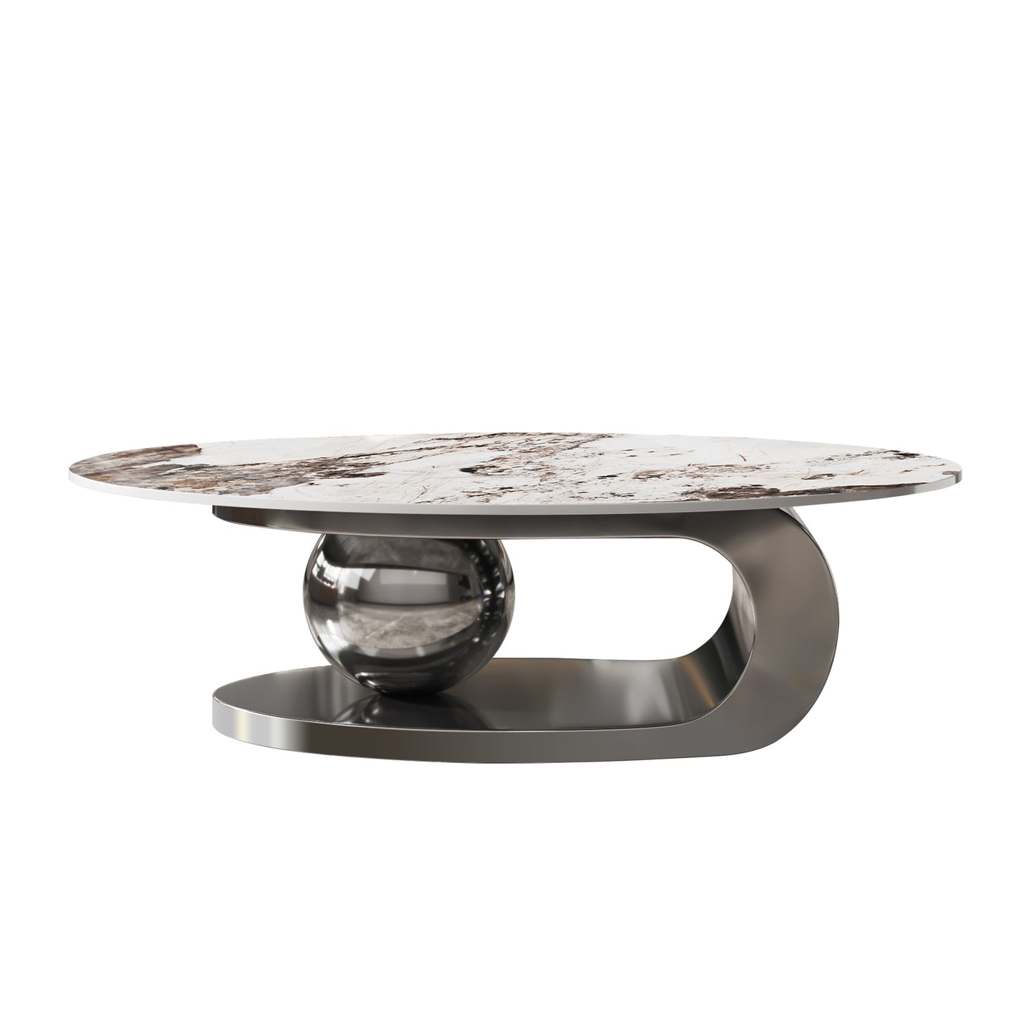 Oval Faux Marble Coffee Table with Stainless Steel Base - Gray White Multi