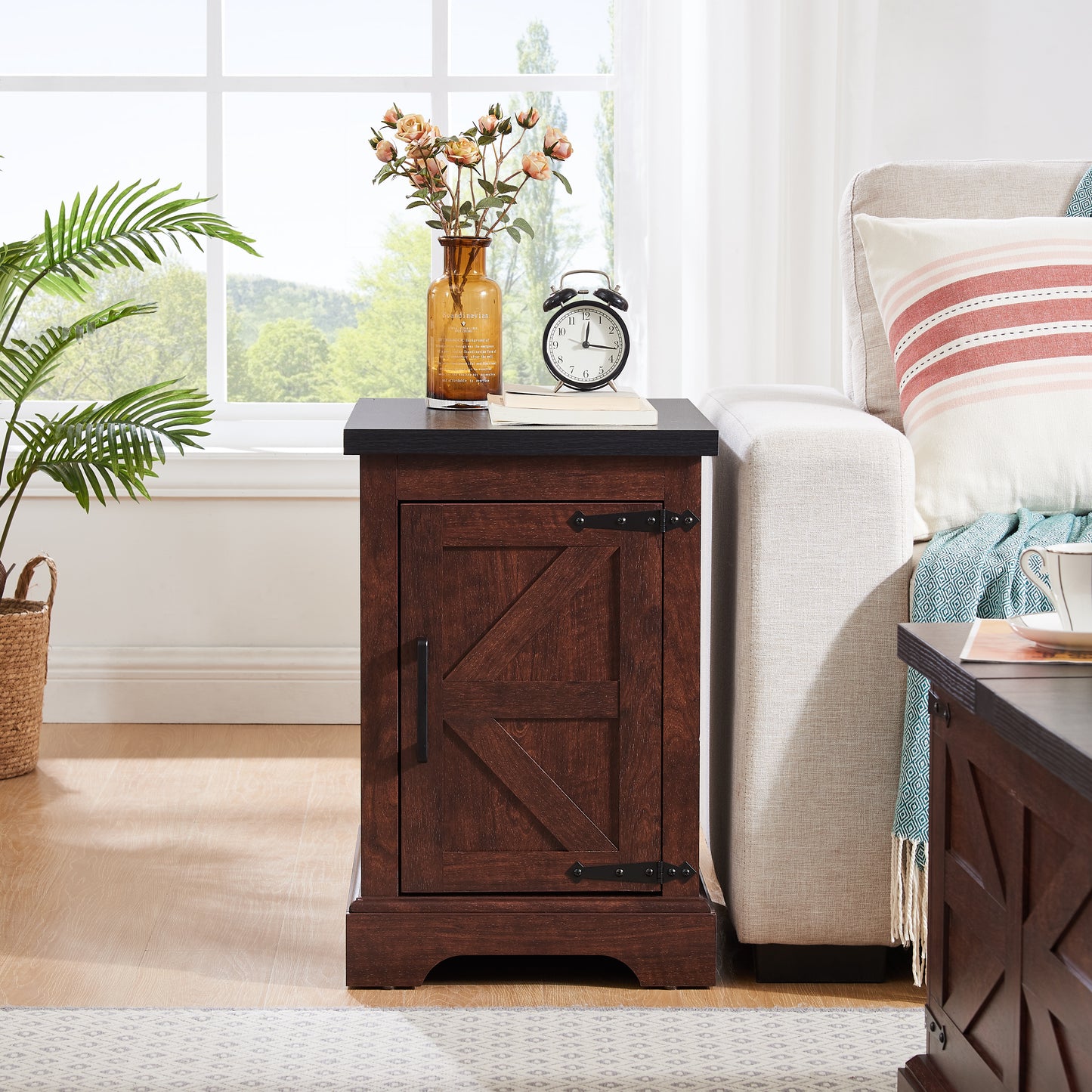 Rustic Farmhouse End Table with Barn Door and Adjustable Shelf - Oak