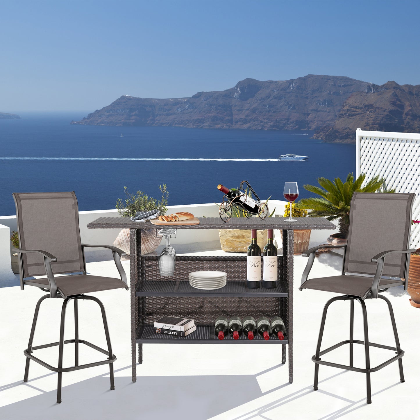 Outdoor Bar Table with 2 Metal Mesh Shelves - Sturdy & Elegant
