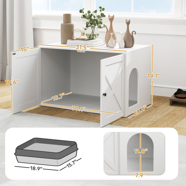 Wooden Cat House with Litter Box Enclosure and Storage - White