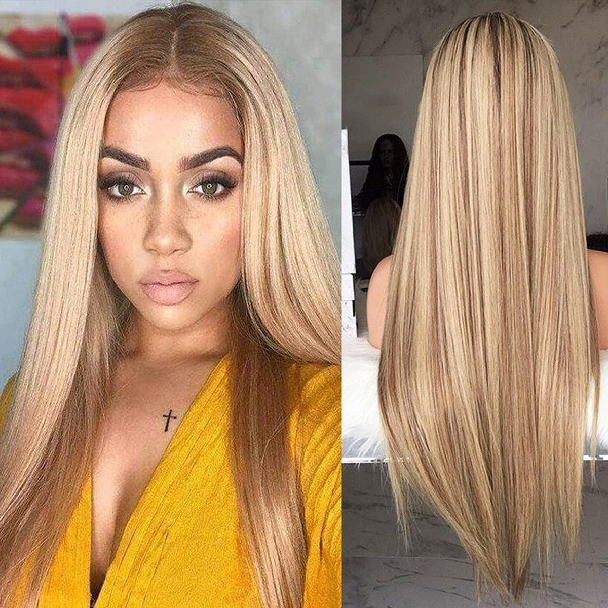 European & American Style Women's Golden Brown Gradient Wig Long Straight Hair