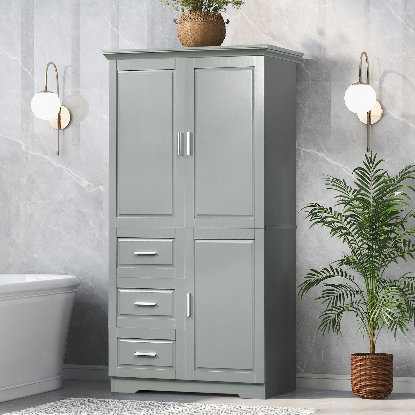 Tall Grey Storage Cabinet with Doors & Three Drawers for Office/Bathroom