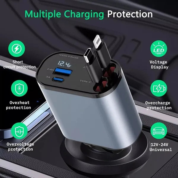 Car USB Fast Charger 120W 4-Port with Retractable Cables & Adjustable Angle