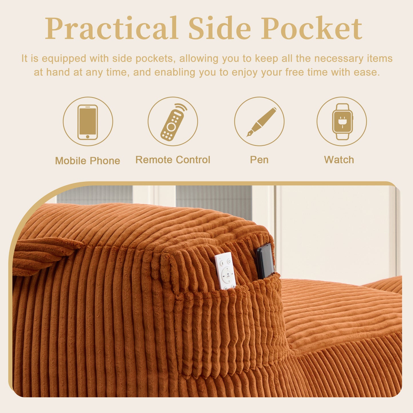 Large Memory Foam Bean Bag Chair for Adults - Orange Corduroy