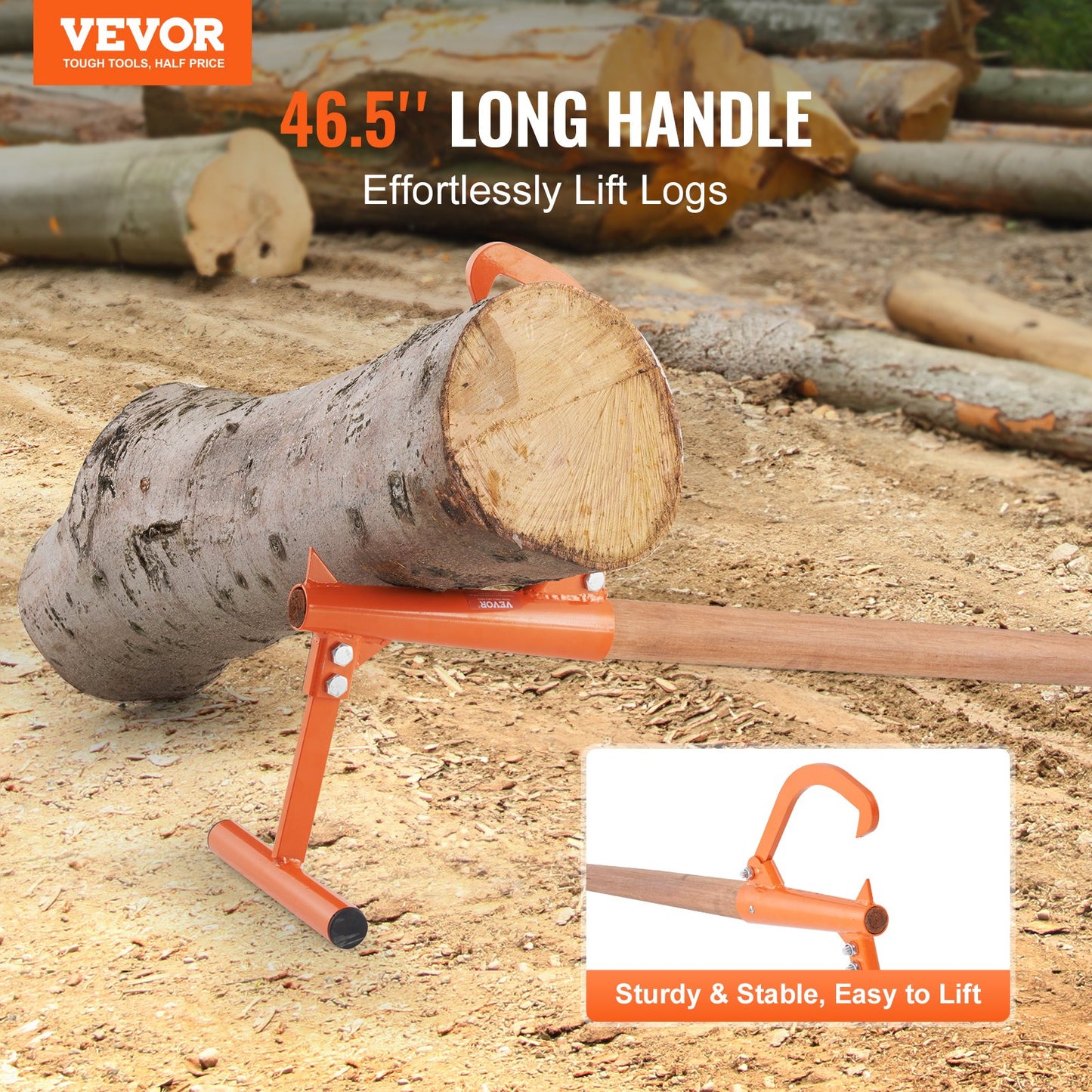 Heavy Duty Log Lifter with Wooden Handle for Up to 15-inch Logs - Orange