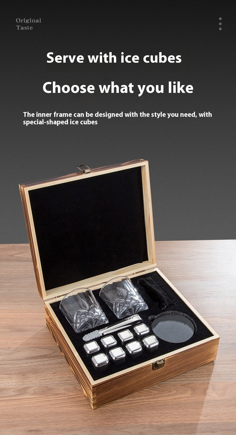 Stainless Steel Wooden Ice Cube Box Set with Cups and Accessories