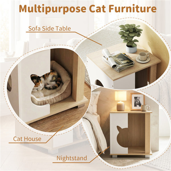 Wooden Cat House Nightstand with Metal Base - Anti-Slip Pet Furniture