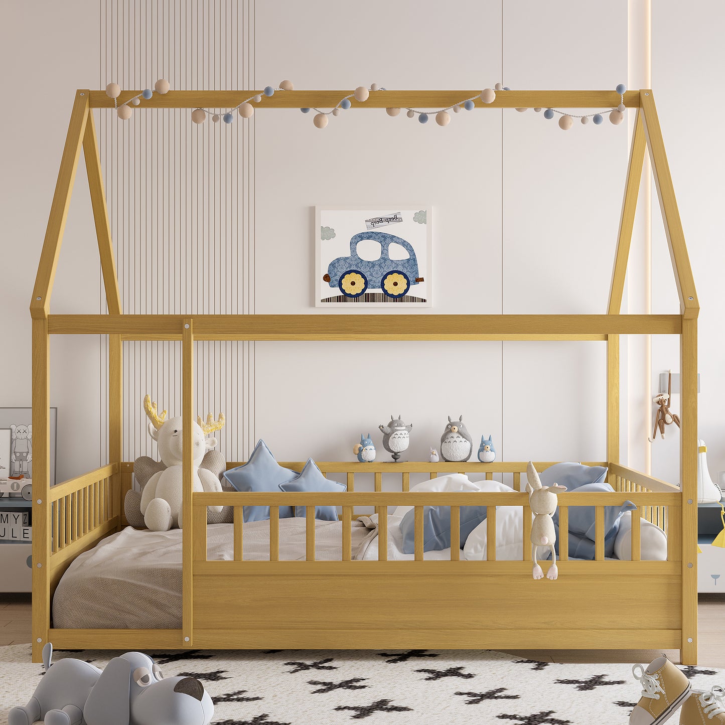 Full Size Wooden Floor Bed with House Roof Frame and Fence Guardrails - Natural