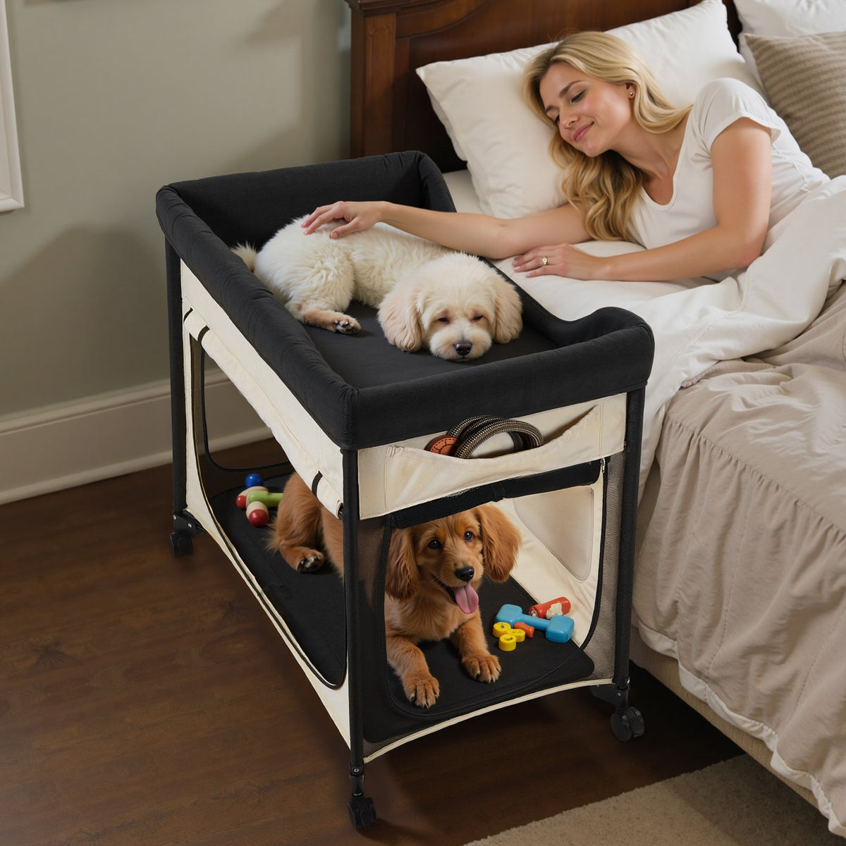 Elevated Foldable Dog Bed with Wheels & Side Storage - Beige