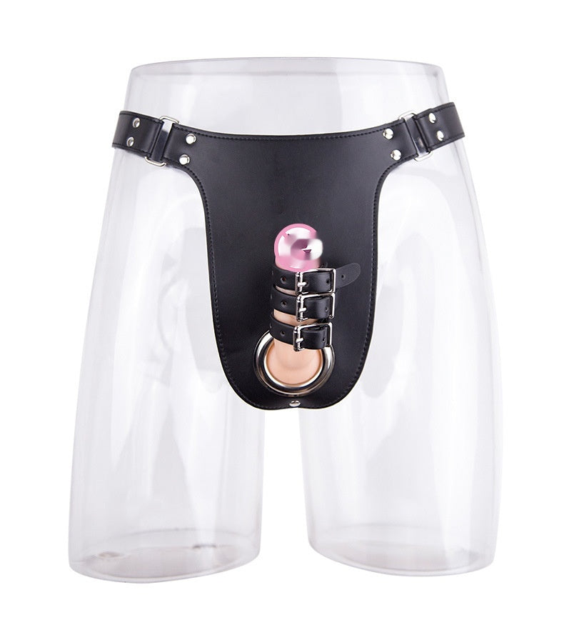 Men's Leather Iron Hoop Chastity Belt Underwear Black