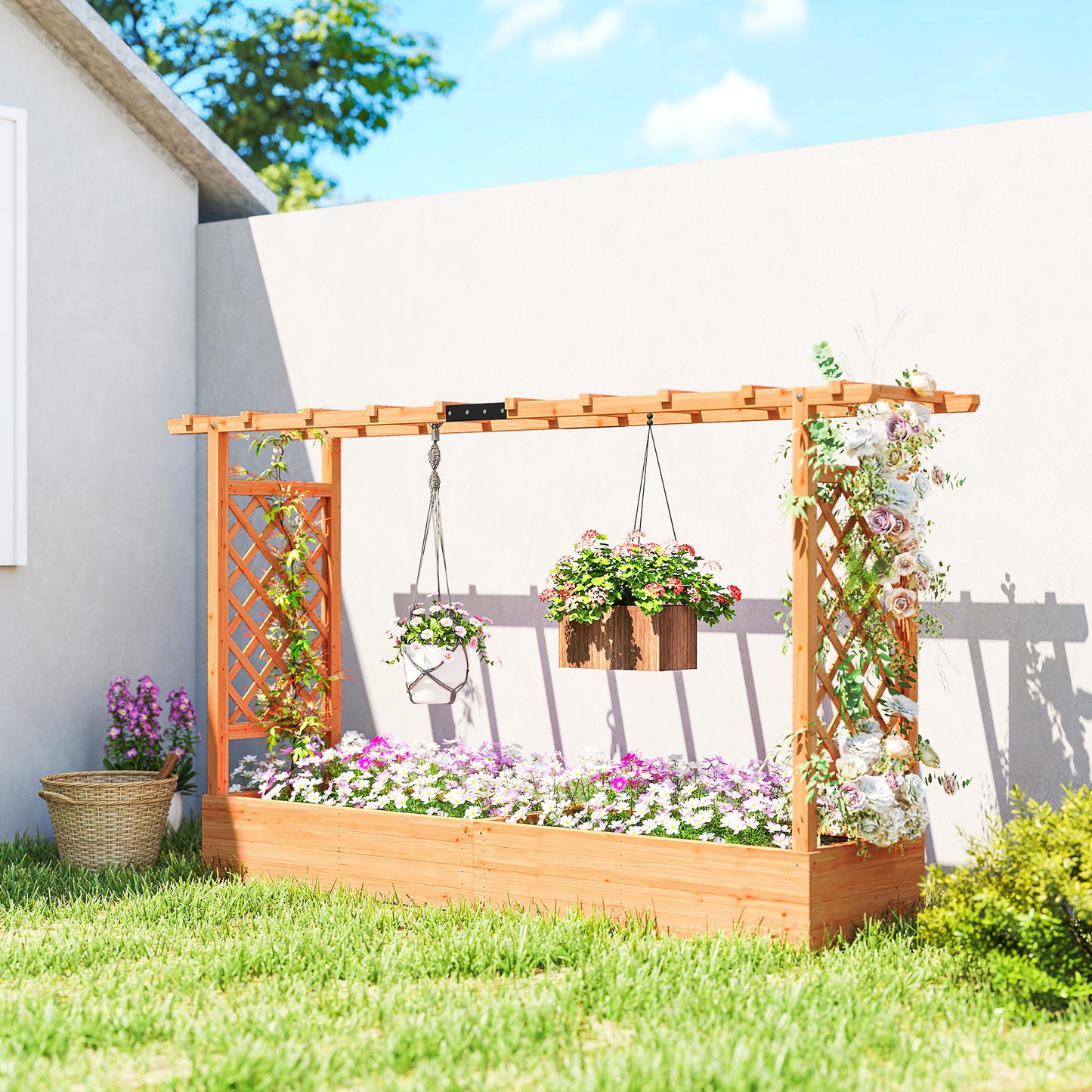 Wooden Planter Box with Trellis and Drainage Holes for Climbing Plants