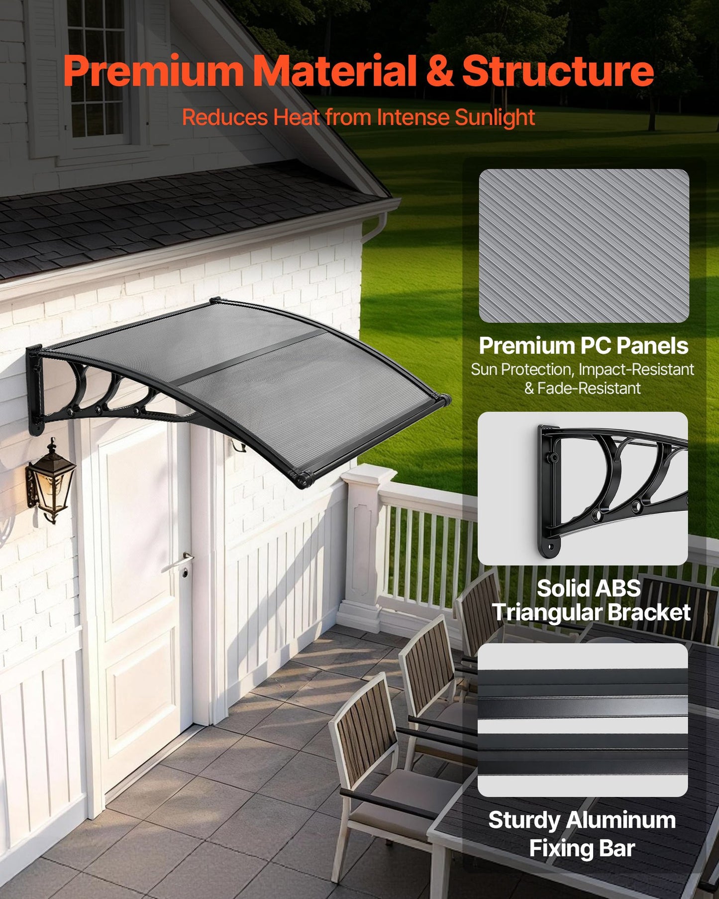 Outdoor Door Canopy Awnings 38x40 Inches - Polycarbonate Sun Rain Snow Protection with Drainage & Mounting Kit, Black