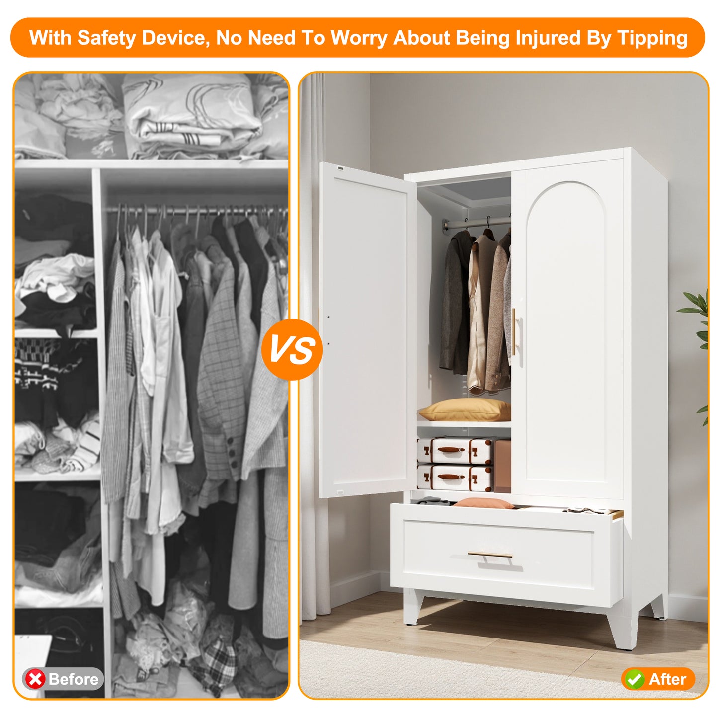 60-Inch Tall Metal Wardrobe Cabinet with Drawer & Shelf - White
