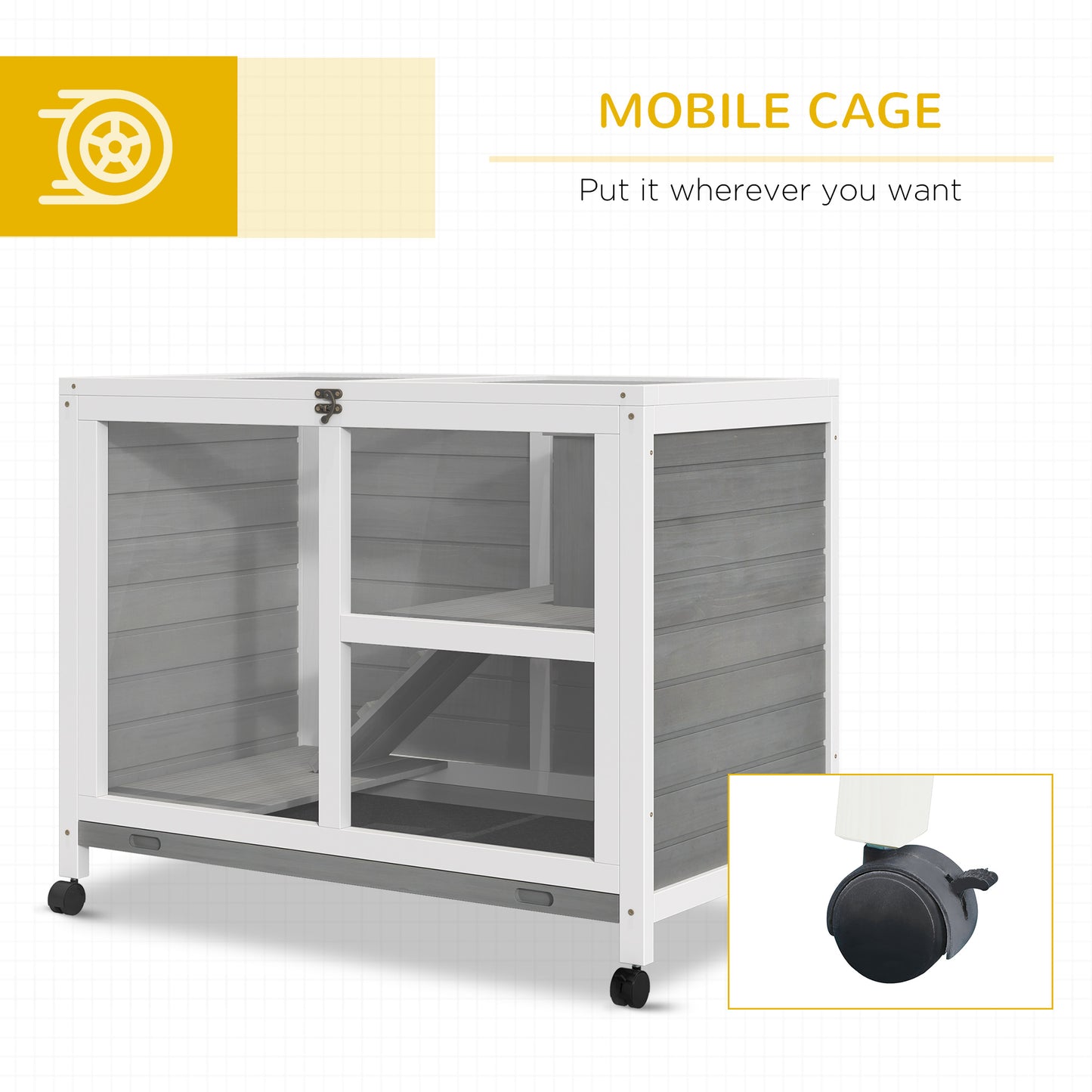 Pet Rabbit Hutch on Wheels - Compact Wooden Cage with Plexiglass Window & Open Roof