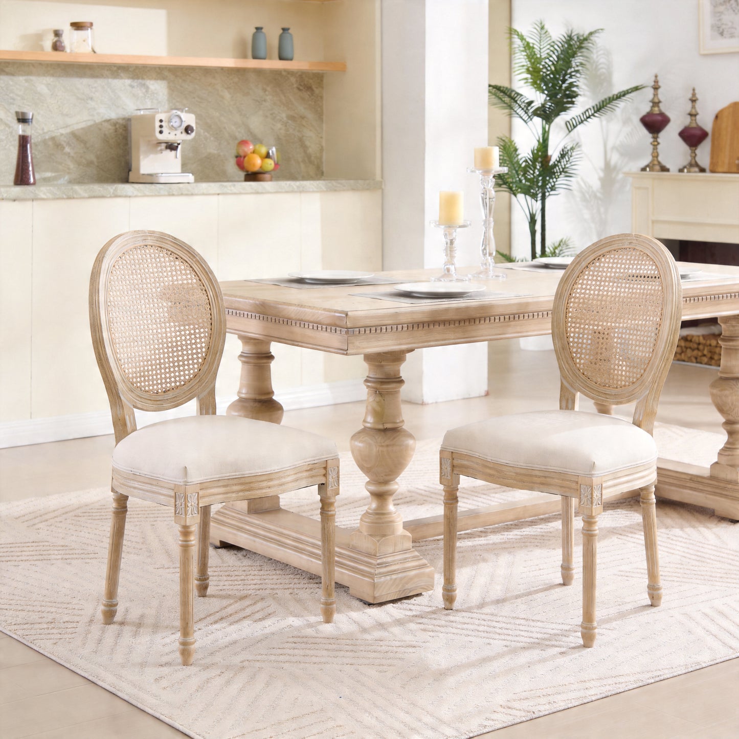 French Country Dining Chairs Set of 2 - Upholstered Rattan Back