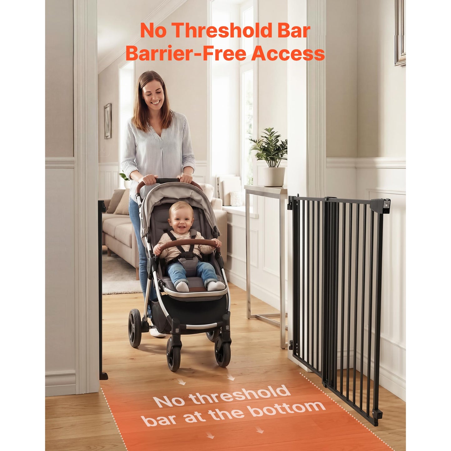 Baby Gate for Stairs & Doorways, Adjustable 31-48 In, No Bottom Bar, One-Hand Operation