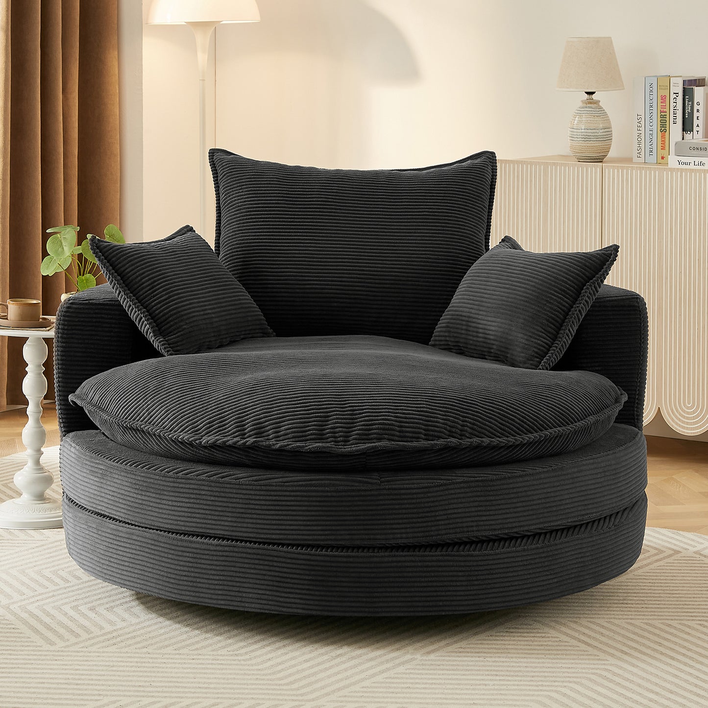 Oversized 360° Swivel Chair with Dual-Layer Cushions - Black