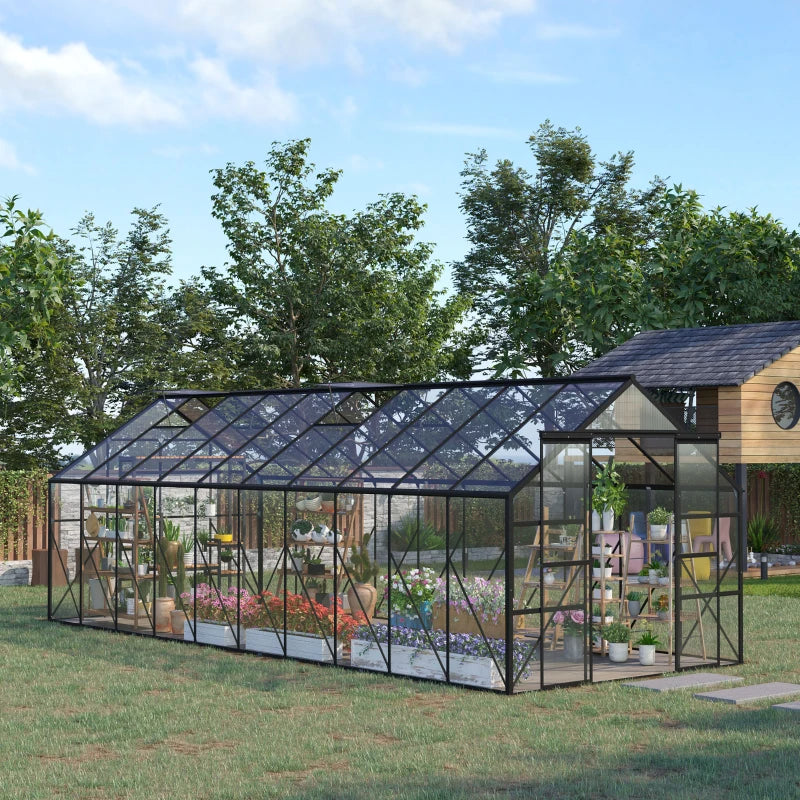 Aluminum Walk-In Greenhouse Kit with Polycarbonate Panels & Adjustable Roof Vent - Black or Clear