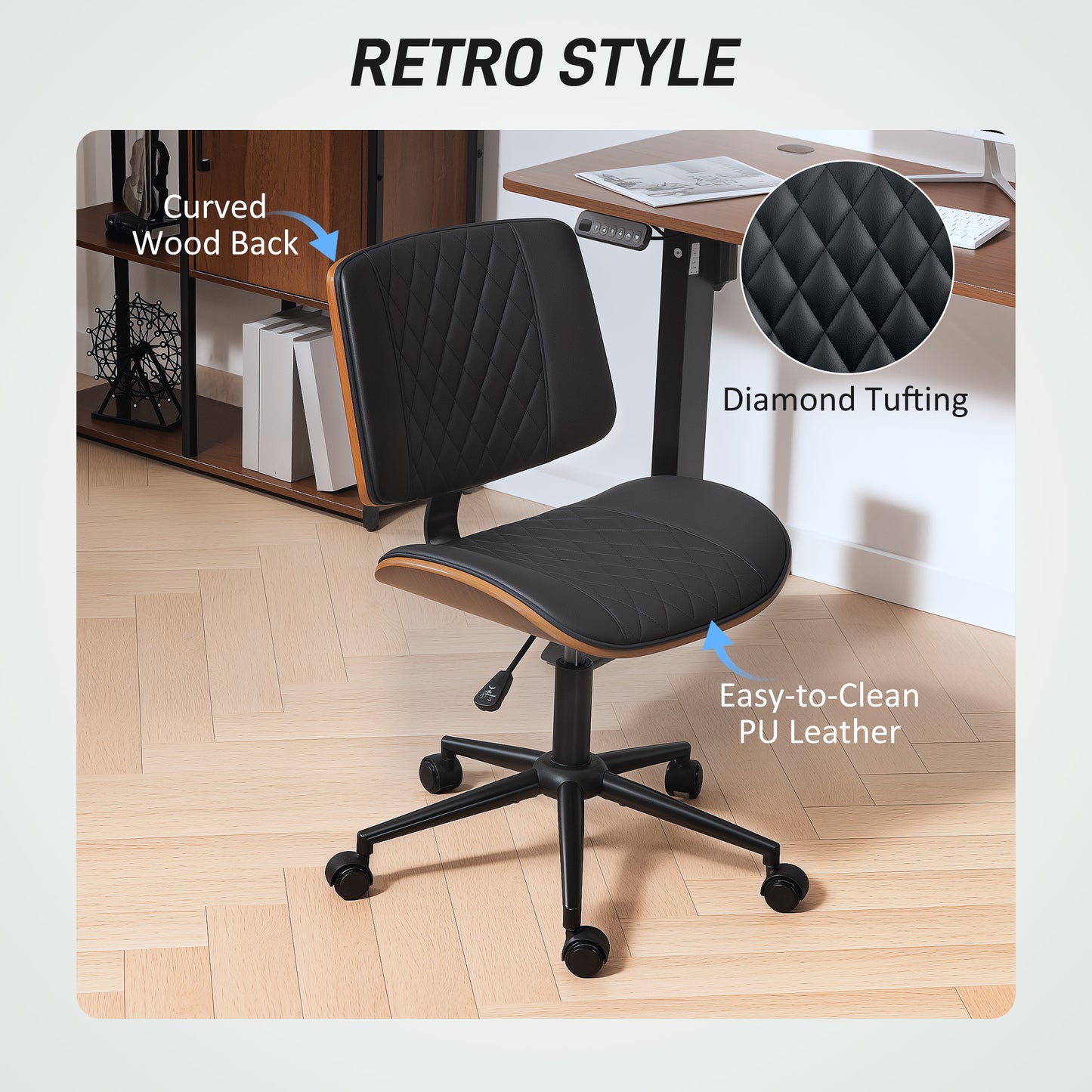 Adjustable Black PU Leather Office Chair with Wheels - Armless