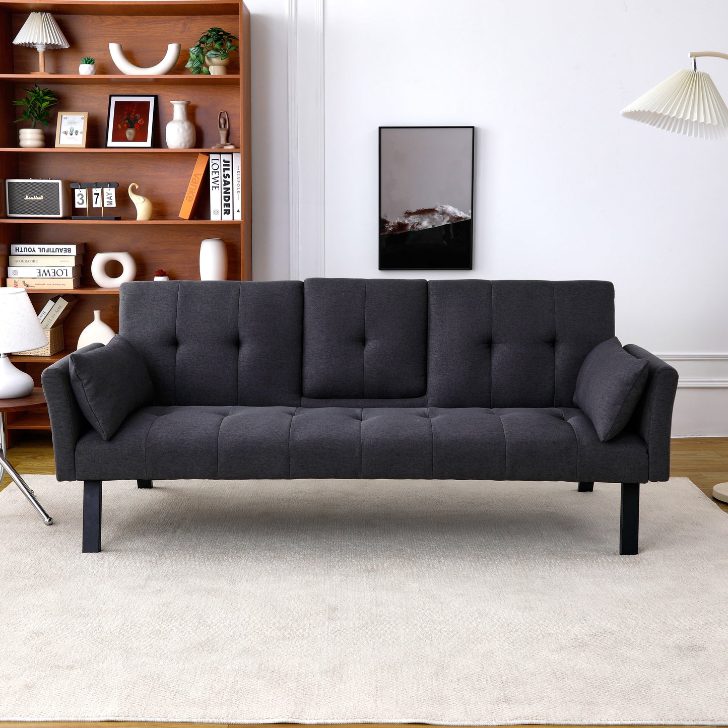 70-Inch Multi-Functional Cotton Linen Sofa Bed with Cup Holder - Dark Grey