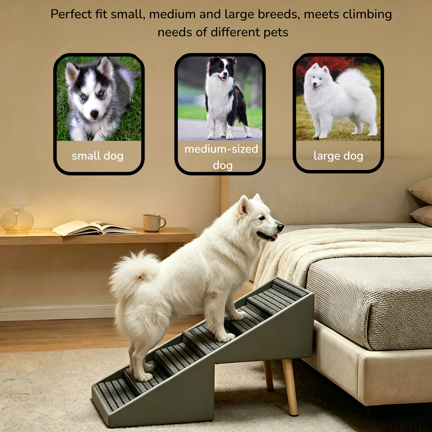 Foldable Dog Steps and Ramp for Bed Couch - Anti-Slip Pet Stairs, Grey