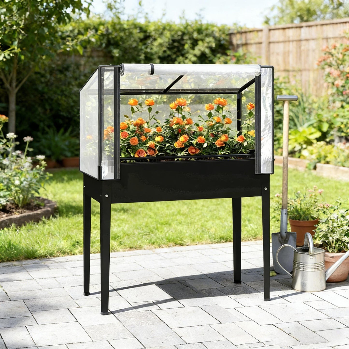Elevated Raised Garden Bed with Mini Greenhouse - Black