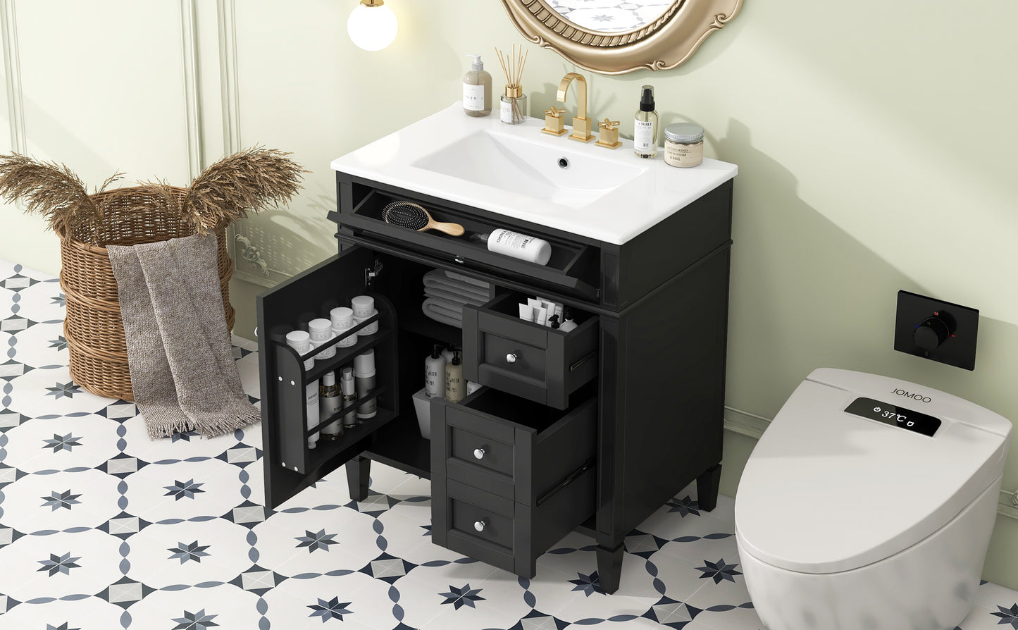30'' Modern Bathroom Vanity with Sink - Black Storage Cabinet