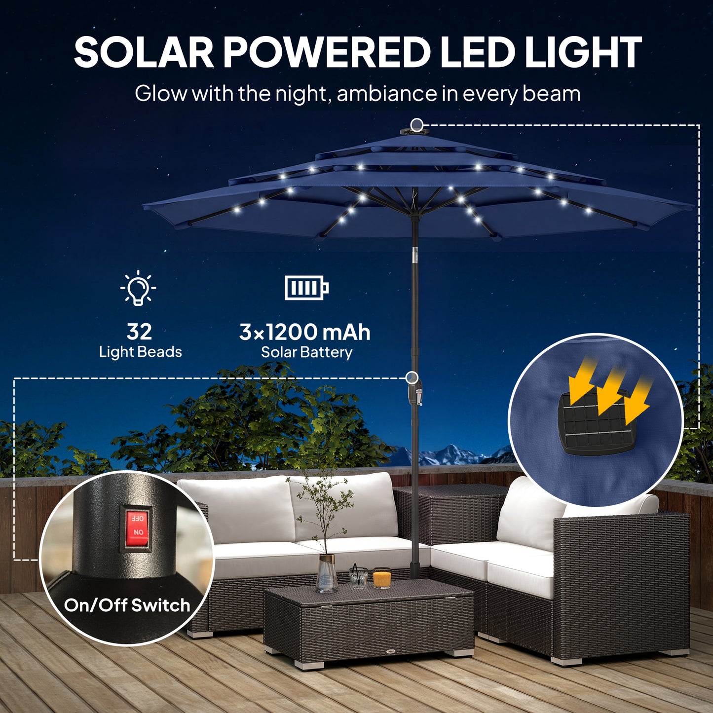 9.7 ft Outdoor Patio Umbrella with Solar LED Lights - Navy Blue