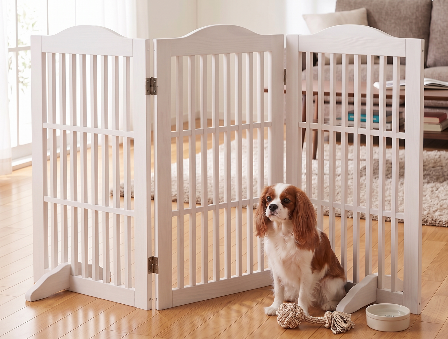 Wooden Foldable Pet Gate for Dogs - 30 Inch 3-Panel Doorway Barrier, Freestanding Wooden Fence