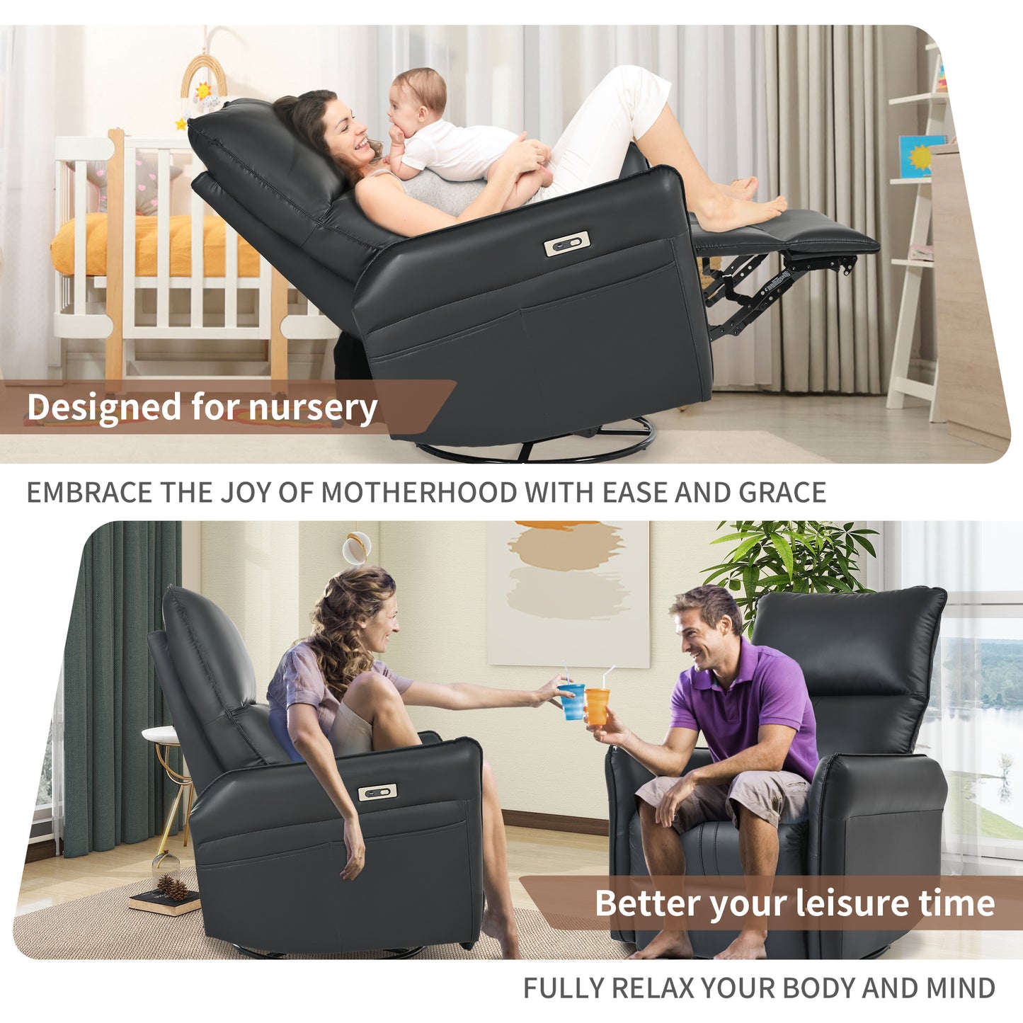 Power Swivel Rocker Recliner Chair for Adults - Black PU