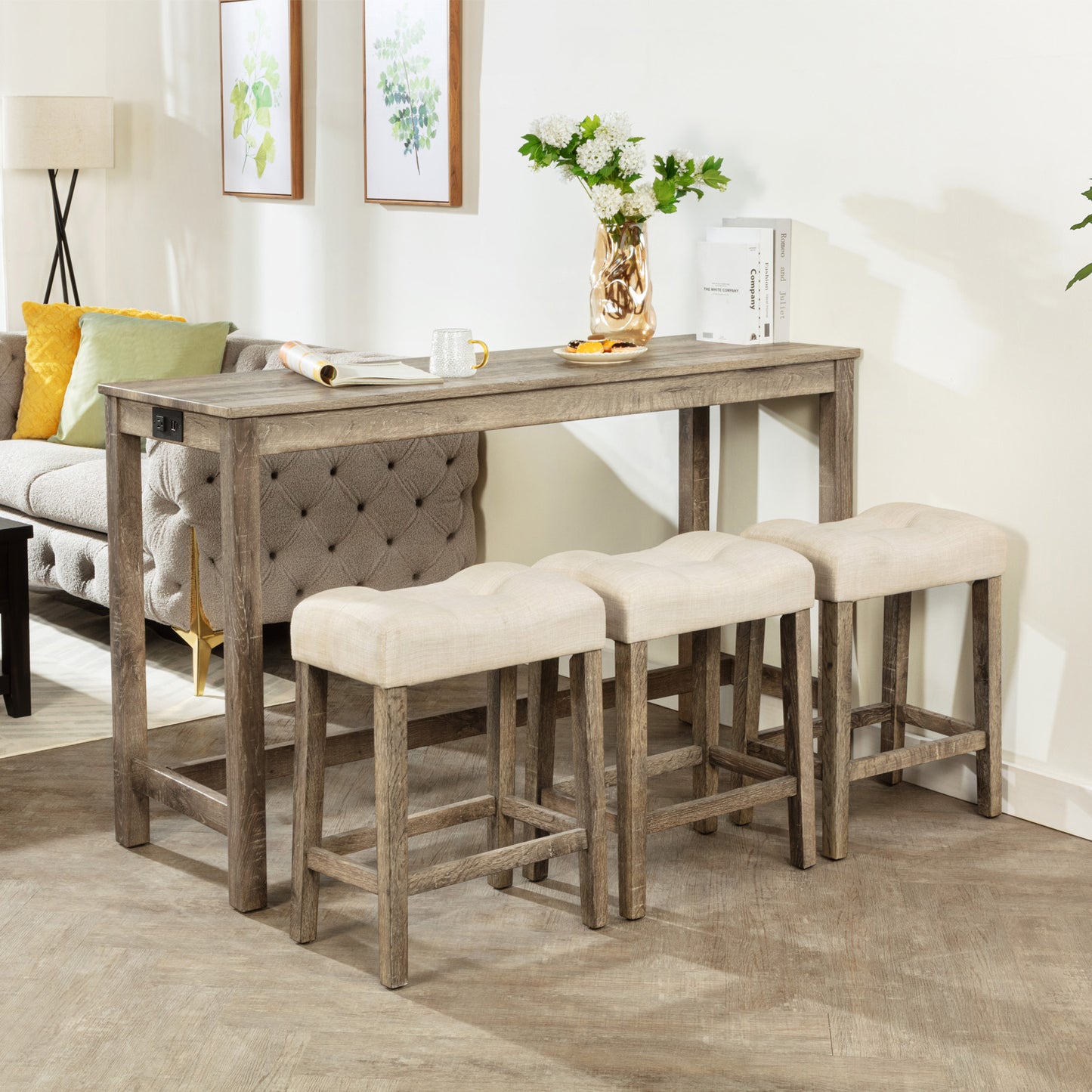 4-Piece Bar Table Set with Power Outlet and 3 Stools - Brown