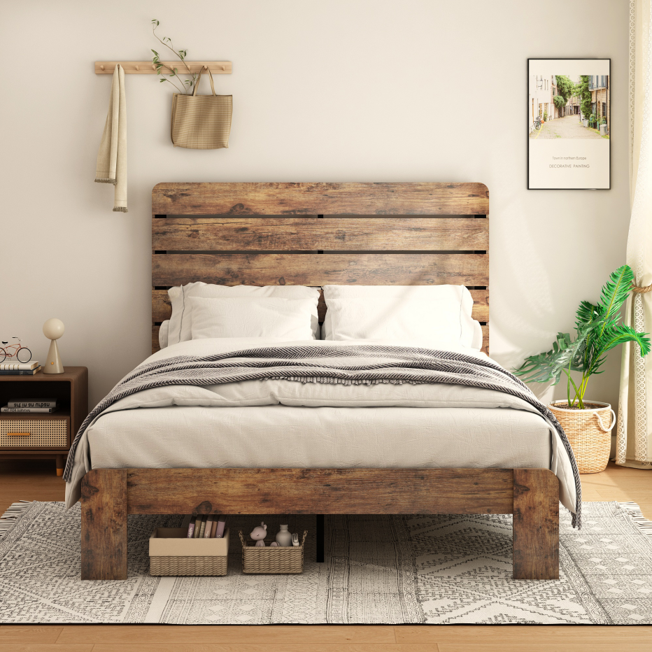 Full Wood Platform Bed Frame with Underbed Storage - Dark Brown