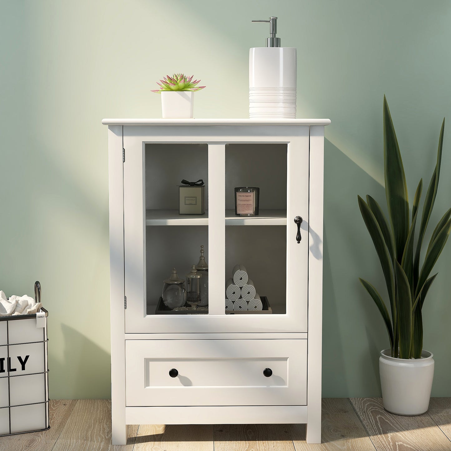 Buffet Storage Cabinet with Glass Doors & Bell Handle - White