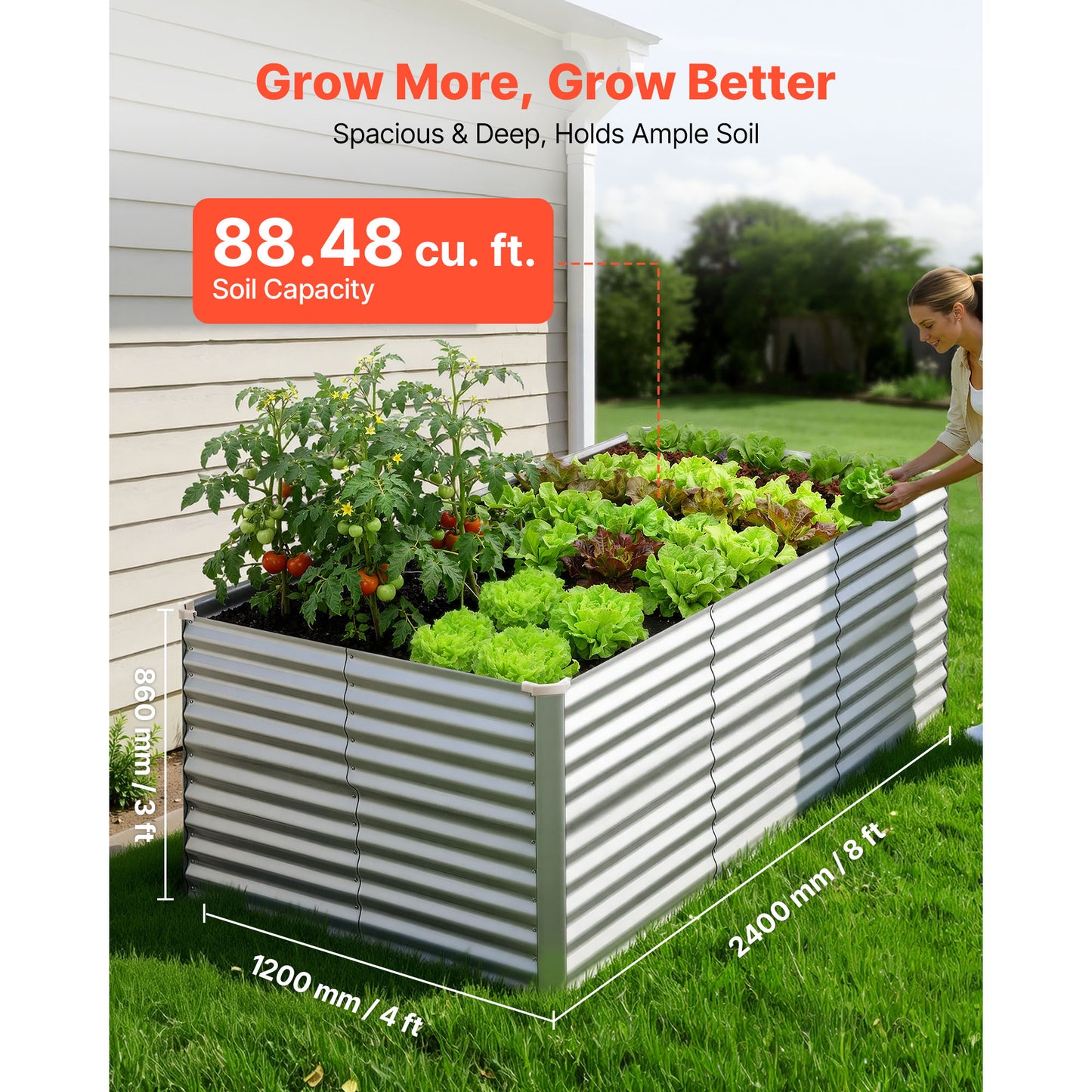 Galvanized Raised Garden Bed 8x4x3 Ft Outdoor Metal Planter Box Kit with Gloves