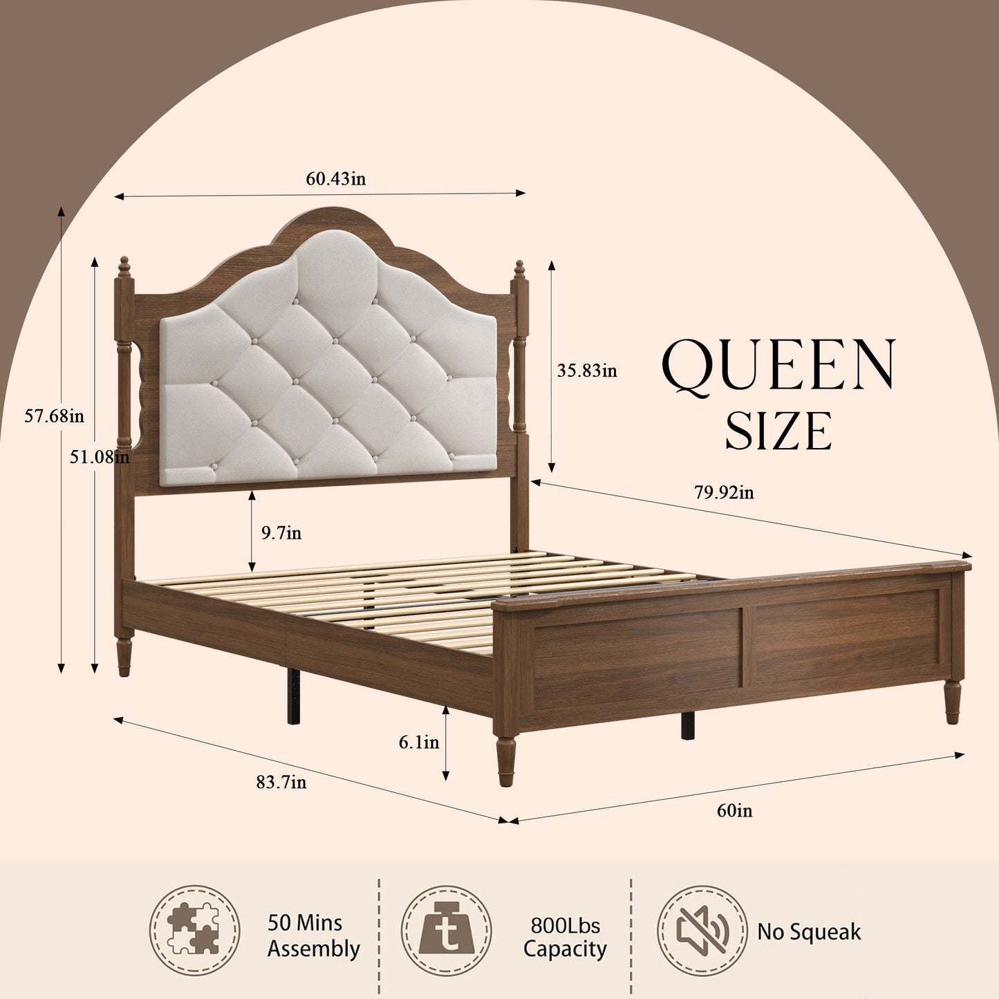 Queen Size Wood Platform Bed Frame with Upholstered Headboard, Brown