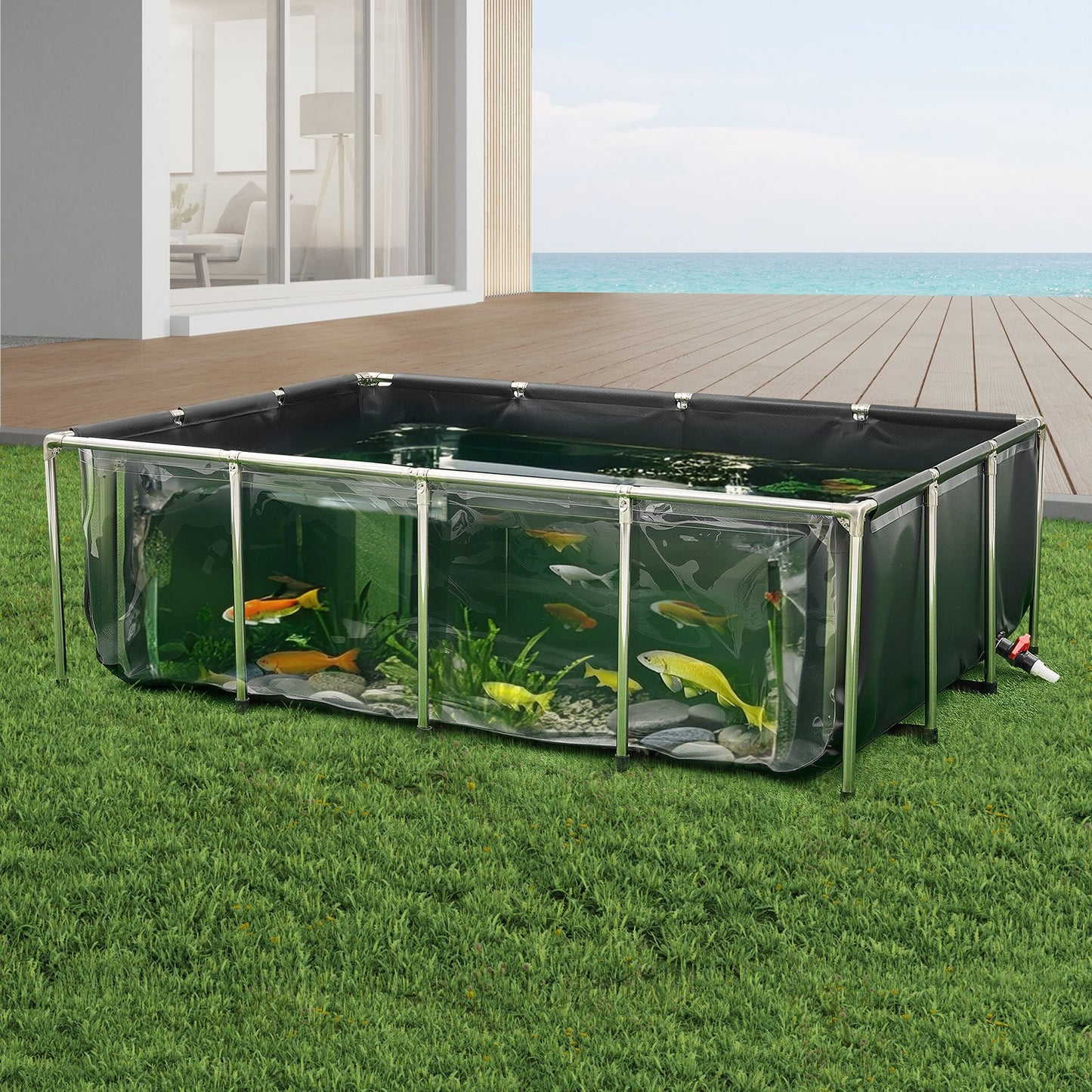 Above-Ground Fish Pond Tank 470 Gal with Clear Viewing Panel - Durable Canvas