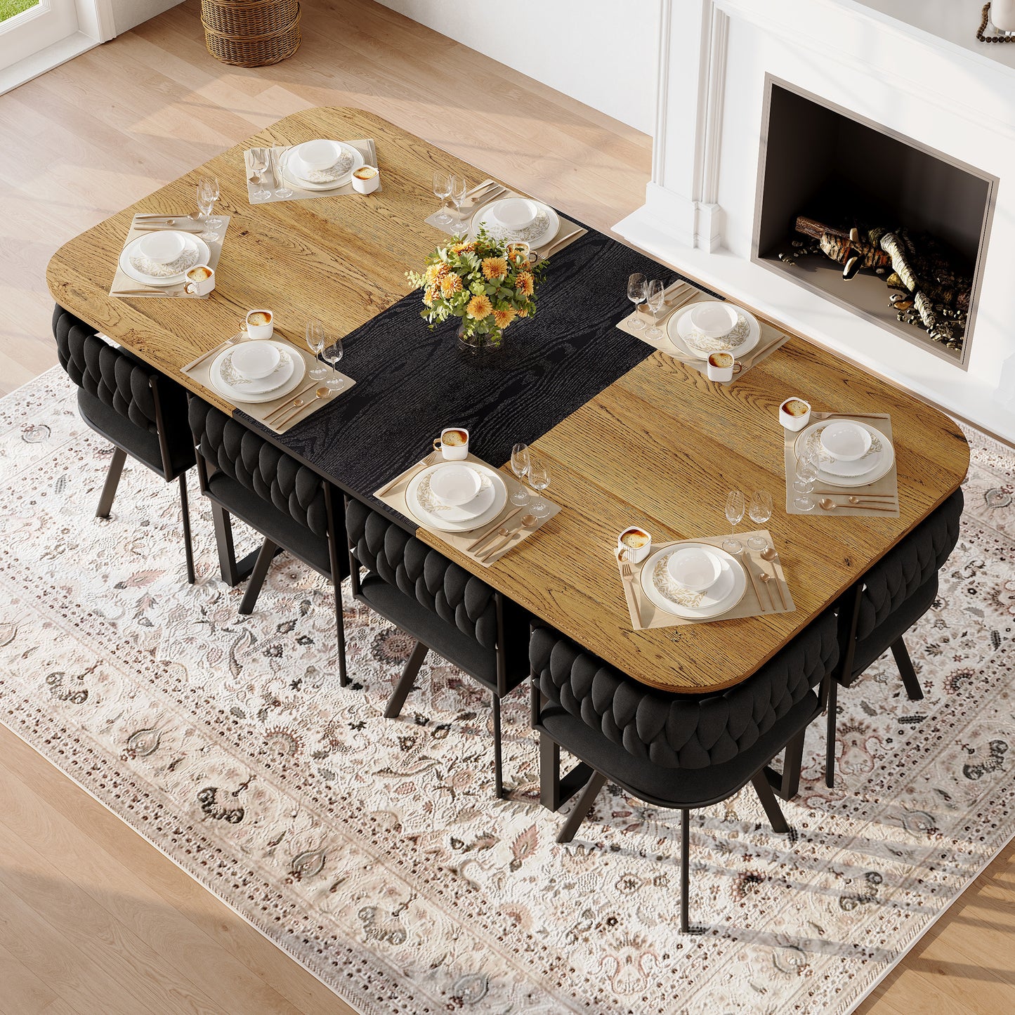 9-Piece Square Dining Table Set, Fixed Two-Tone Wood Grain & Black
