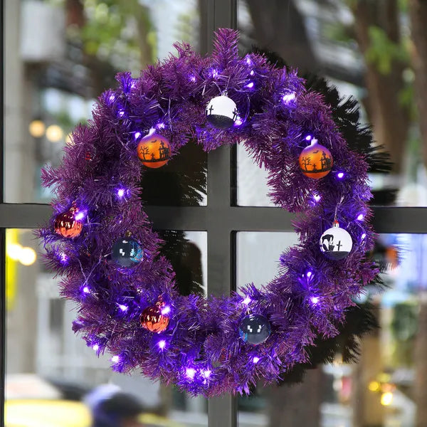 24-Inch Halloween-Themed Christmas Wreath with LED Lights